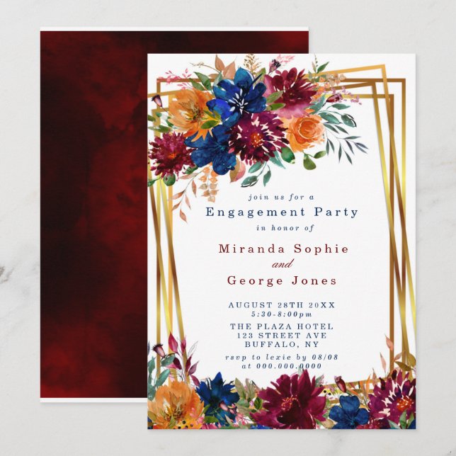 Navy Marsala Orange Floral Gold Engagement Party Invitation (Front/Back)