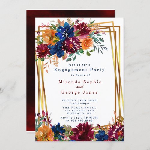 Navy Marsala Orange Floral Gold Engagement Party Invitation