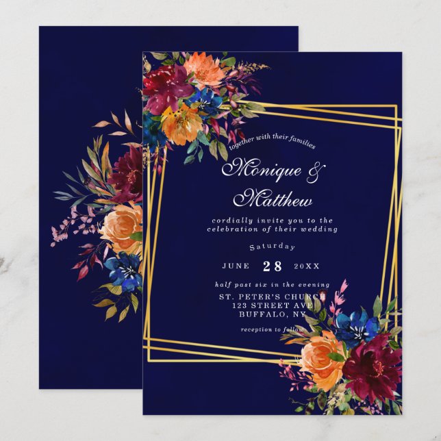 Navy Marsala Orange Floral Gold Geometric Wedding  Invitation (Front/Back)