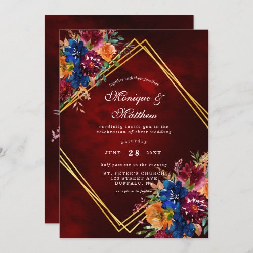 Navy Marsala Orange Floral Gold Geometric Wedding  Invitation