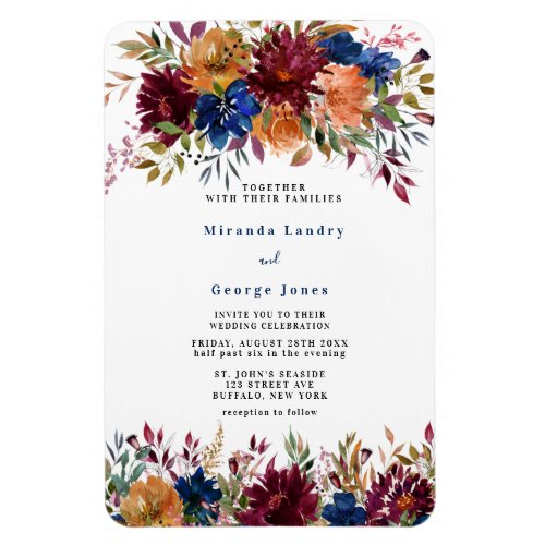 Navy Marsala Orange Floral Gold Wedding Invite Mag Magnet