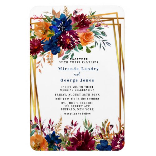 Navy Marsala Orange Floral Gold Wedding Invite Magnet