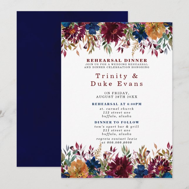 Navy Marsala Orange Floral Rehearsal Dinner Invita Invitation (Front/Back)