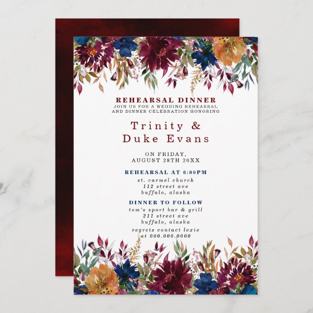 Navy Marsala Orange Floral Rehearsal Dinner Invitation (Front/Back)