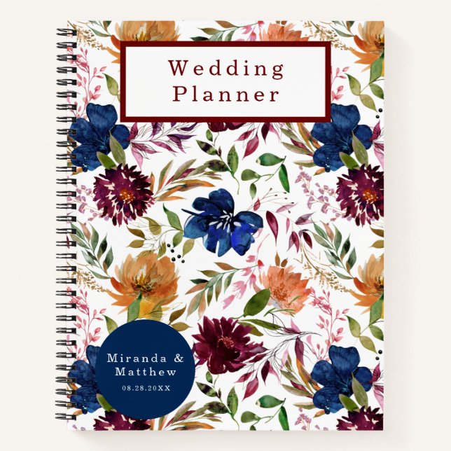 Navy Marsala Orange Floral Wedding Planner Noteboo Notebook (Front)
