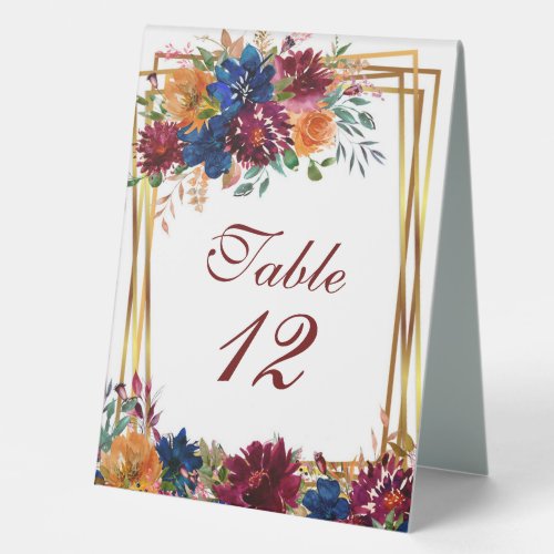 Navy Marsala Orange Floral Wedding Table Numbers Table Tent Sign