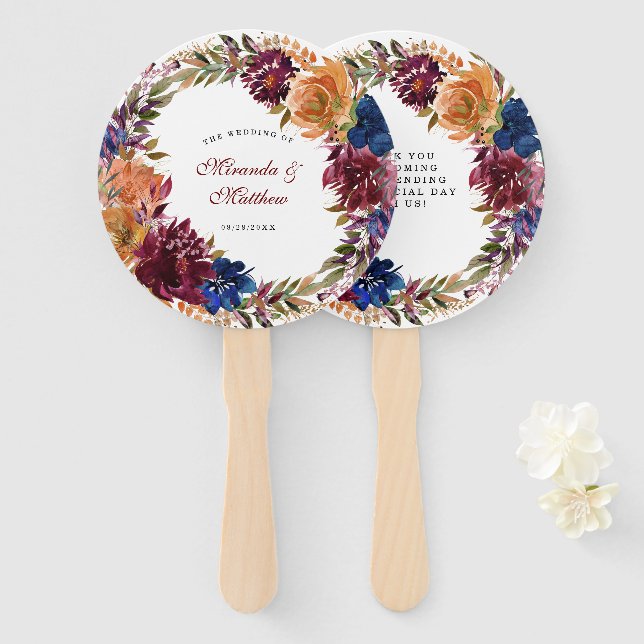 Navy Marsala Orange Floral Wedding Thank You Hand Fan (Front and Back)