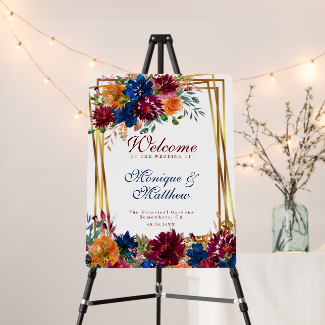 Navy Marsala Orange Floral Wedding Welcome Sign (In Situ (Stand))