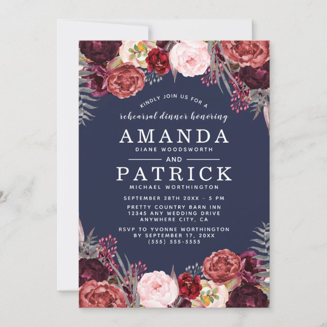 Navy Marsala Peony Rehearsal Dinner Invitations (Front)