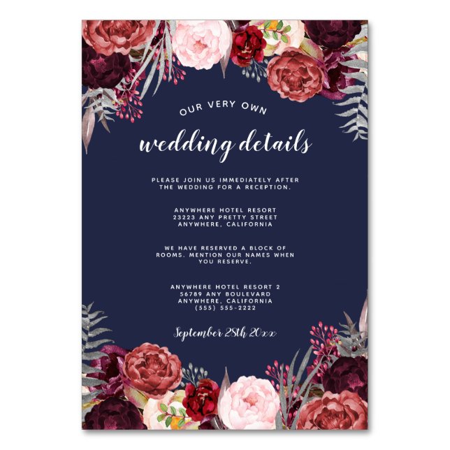 Navy Marsala Peony Wedding Insert Reception Cards (Front)