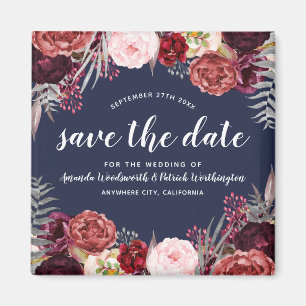 Navy Marsala Peony Wedding Save the Date Magnets