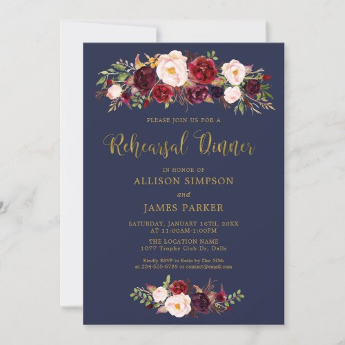 Navy Marsala Red Autumn Rehearsal Dinner Card