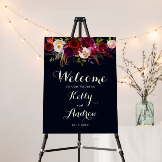 navy-marsala-rustic-boho-floral-wedding-welcome-foam-board-zazzle