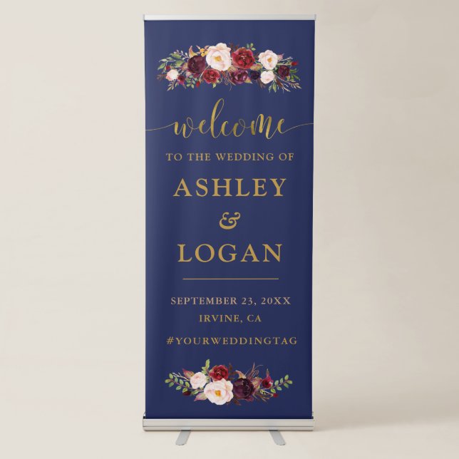 Navy Marsala Wedding Welcome Retractable Banner (Front)