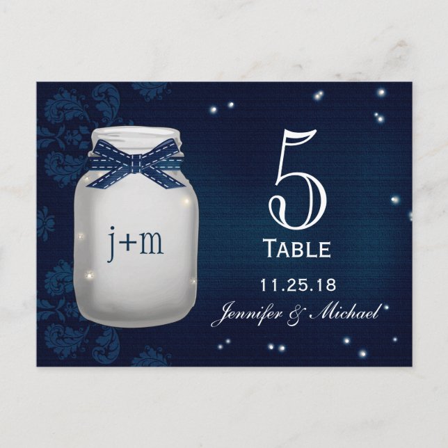 Navy Mason Jar with Fireflies Table Number Cards (Front)