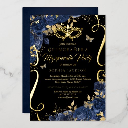 Navy Masquerade Floral Butterfly Quinceanera Foil Invitation