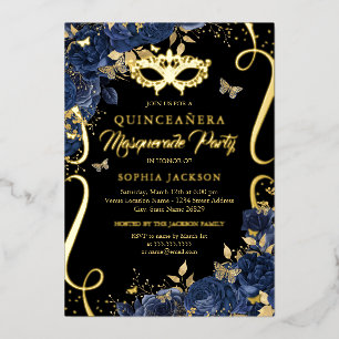 Navy Masquerade Floral Butterfly Quinceanera Foil Invitation