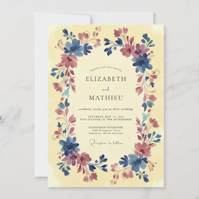 Navy Mauve Artistic Watercolor Wedding Invitation (Front)