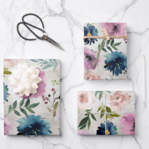Navy & Mauve Peony Garden Wrapping Paper Sheets