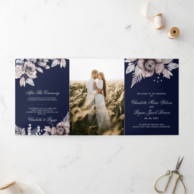 Navy Mauve Rustic Floral Photo Wedding  Tri-Fold Program (Outside)