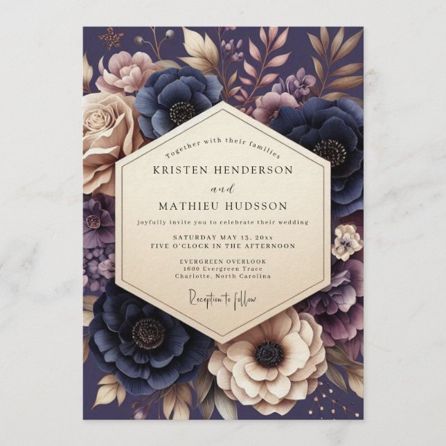 Navy & Mauve Somber Floral Wedding Invitation (Front)