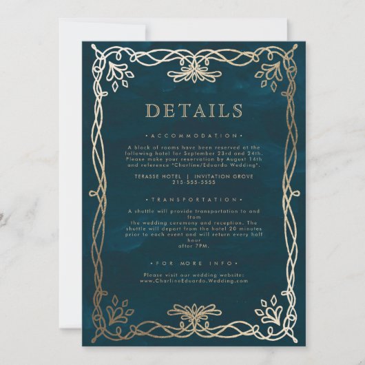 Navy Medieval Gold Ivy Wedding Details (Front)