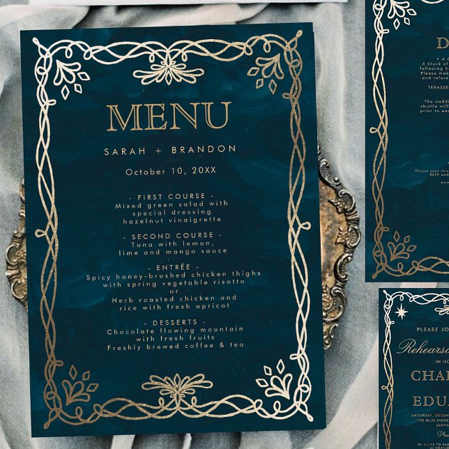 Navy Medieval Gold Ivy Wedding Menu (Creator Uploaded)