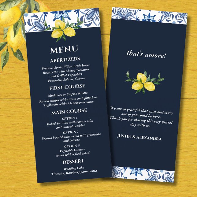 Navy Mediterranean Lemon Italian Wedding Menu (Creator Uploaded)