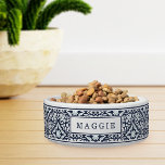 Navy Mediterranean Pattern Pet<br><div class="desc">Inspired by the traditional azulejo tiles of Spain and Portugal,  this Mediterranean style dog bowl features a coastal color palette of navy blue,  sky blue and white with your pet's name on the front.</div>