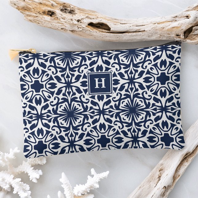 Navy Mediterranean Tile Pattern Monogram Accessory Pouch (Creator Uploaded)