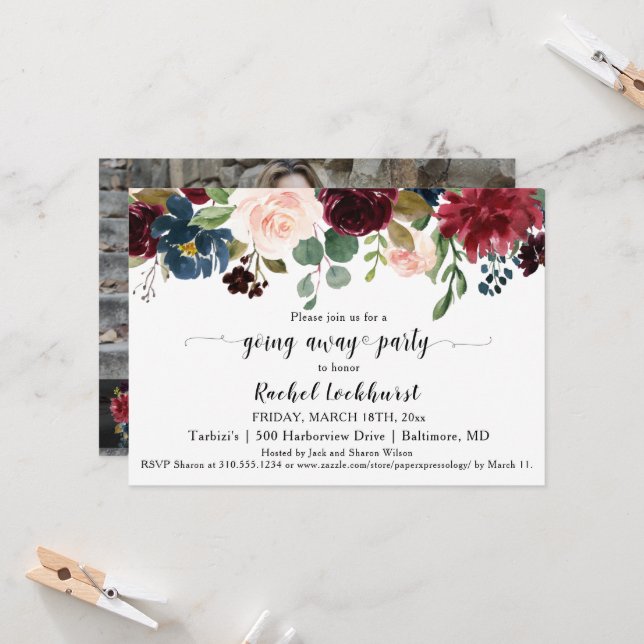Navy Merlot Floral Bloom Going Away Party  Invitation (Front/Back In Situ)