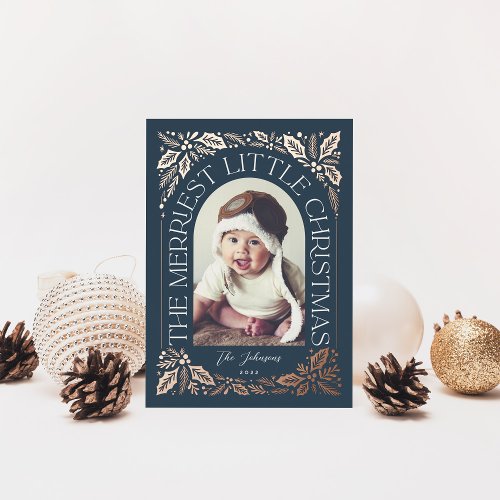 Navy Merriest Little Christmas Arch Photo Foil Holiday Card