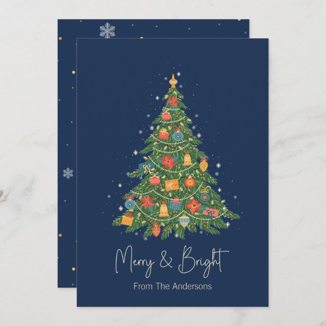 Navy Merry and Bright Christmas Tree Holiday Card (Front/Back)