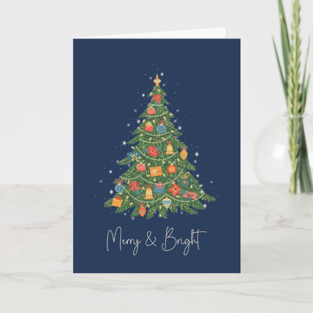 Navy Merry and Bright Christmas Tree Holiday Card (Front)