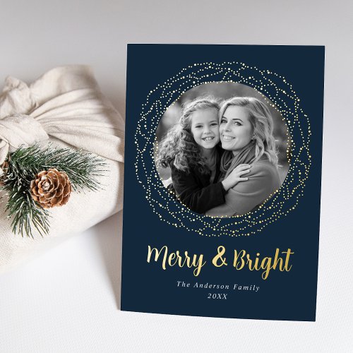 Navy Merry and Bright Photo  Foil Holiday Card