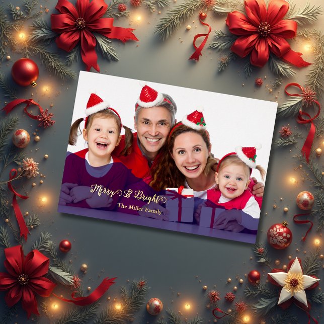 navy Merry & Bright Christmas family Photo gold Foil Holiday Card (Creator Uploaded)