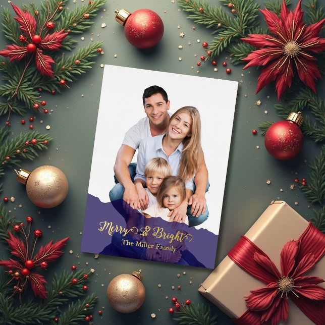 navy Merry & Bright Christmas family Photo gold Foil Holiday Card (Creator Uploaded)