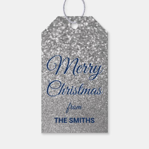 Navy Merry Christmas Faux Silver Glitter Gift Tags