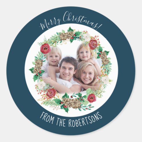 Navy Merry Christmas Floral Wreath Family Photo Classic Round Sticker