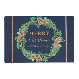 Navy Merry Christmas Rose Gold Script Typography Placemat
