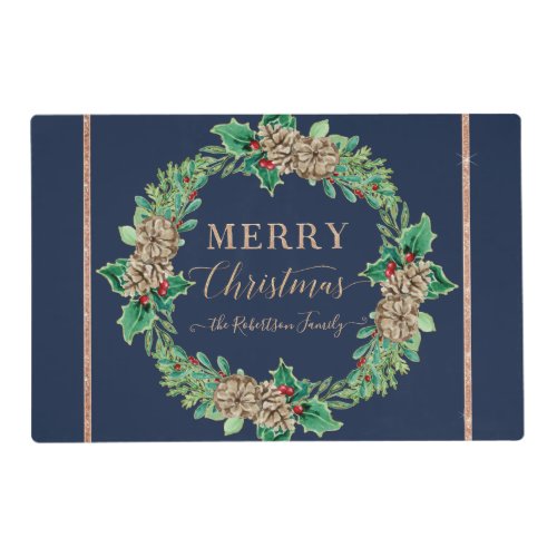 Navy Merry Christmas Rose Gold Script Typography Placemat