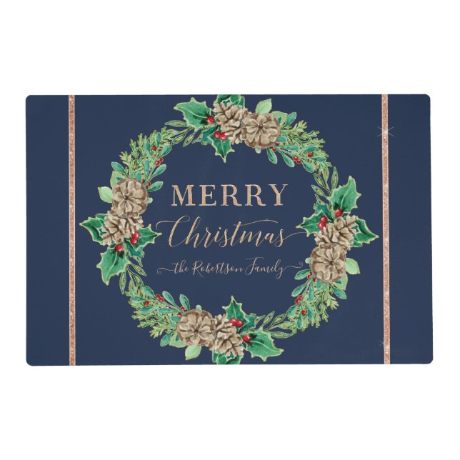 Navy Merry Christmas Rose Gold Script Typography Placemat (Front)