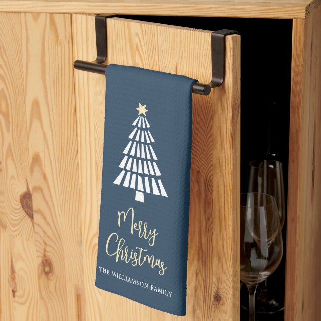 Navy Merry Christmas Script 3 Trees Simple Custom Kitchen Towel (Thirds Fold)