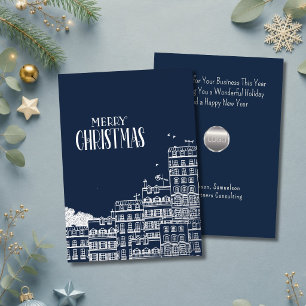 Navy Merry Christmas Townscape Business Silver  Foil Holiday Card