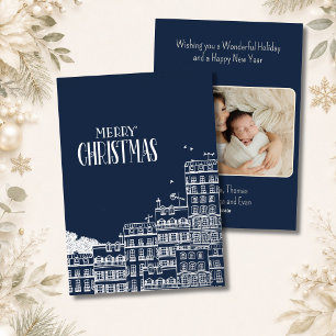 Navy Merry Christmas Townscape Photo Silver Foil Holiday Card
