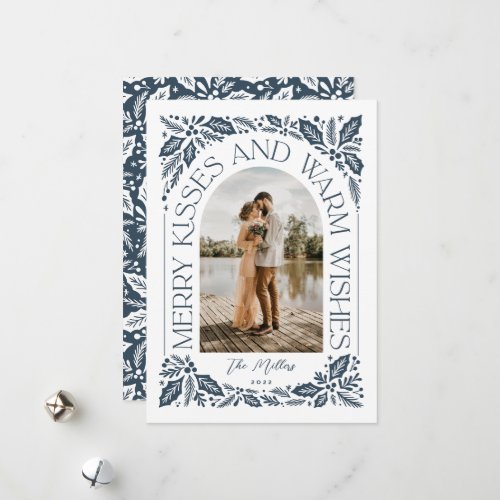 Navy Merry Kisses and Warm Wishes Berry Arch Photo Holiday Card