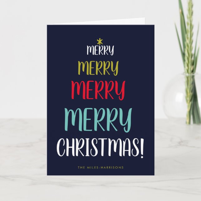 Navy Merry Tree Typographic Photo Folded Holiday Card (Front)