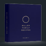 Navy Metallic Gold Monogram Family Recipe 3 Ring Binder<br><div class="desc">Modern recipe binder features a brushed gold metallic monogram on a classic navy blue background. Custom family name presented in the center in stylish simple classic block typography with a complimentary metallic gold monogram medallion. Shown with a custom name and monogram initial on the front in modern typography, this personalized...</div>