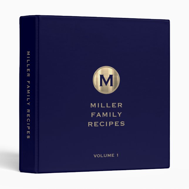 Navy Metallic Gold Monogram Family Recipe 3 Ring Binder (Front/Spine)
