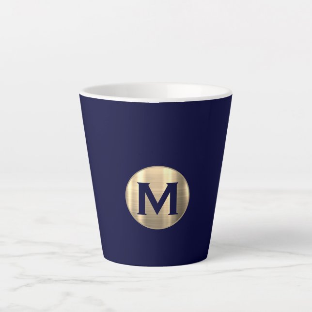 Navy Metallic Gold Monogram Latte Mug (Front)